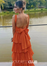 Nydia | Elegant A Line Square Layered Orange Satin Long Prom Dress - Price #price_variant_lowest# - Orange - PromDressClub